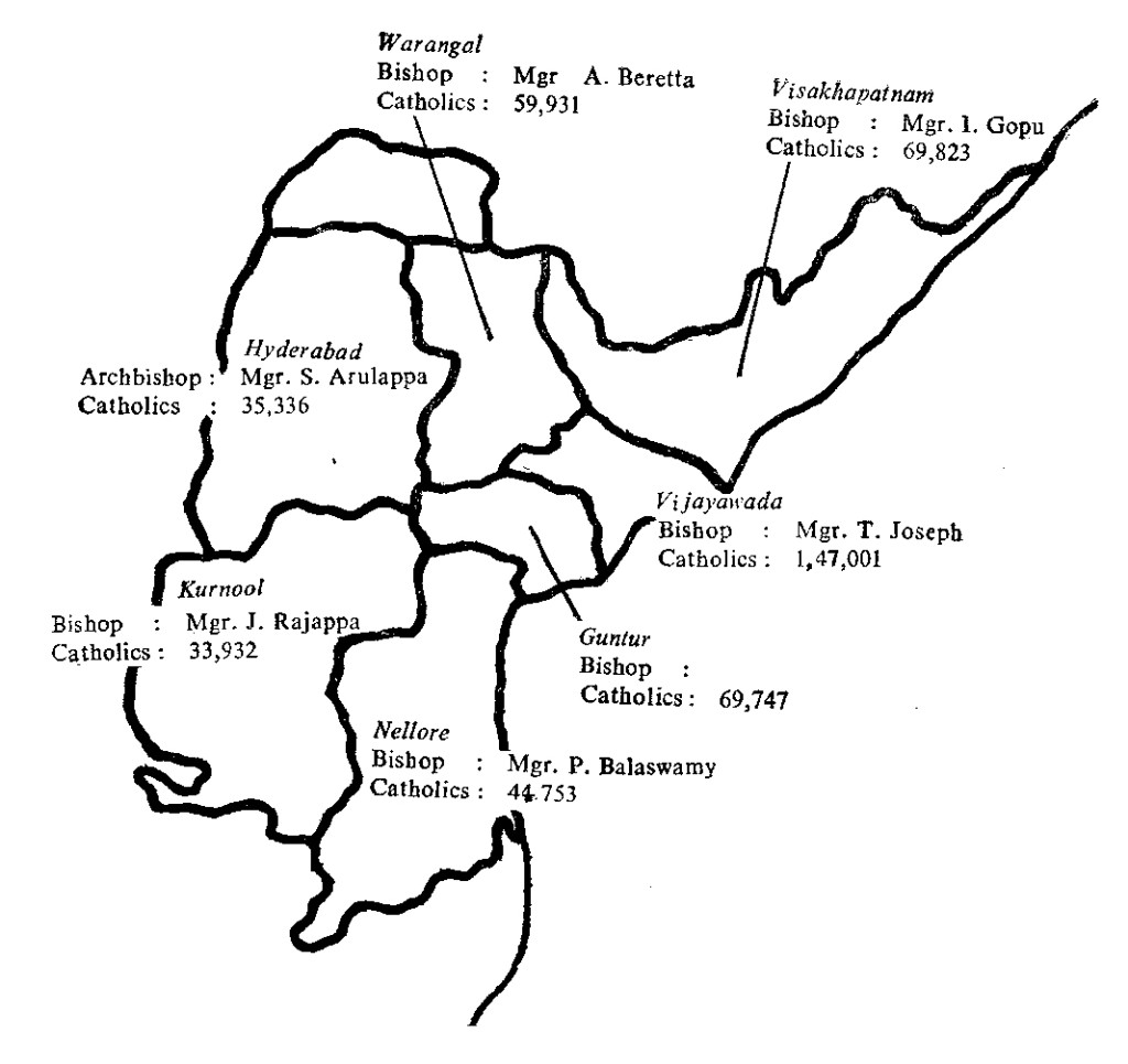 Map of the seven dioceses of Andhra Pradesh in 1975.