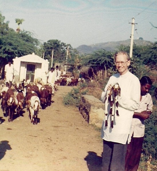 Me, holding a typical sheep from the Andhra countryside.